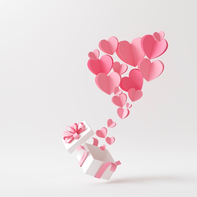 Front view of lots of pink hearts coming out of a present box