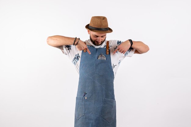 Front view male bartender just standing on white wall bar club night alcohol drink job model