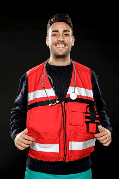 Front view of male paramedic with stethoscope