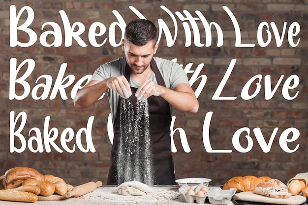 Free photo front view man cooking with wavy texts