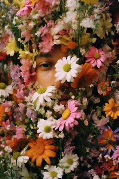 Front view man posing with flowers