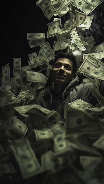 Front view man posing with money