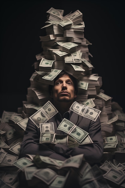 Front view man posing with money