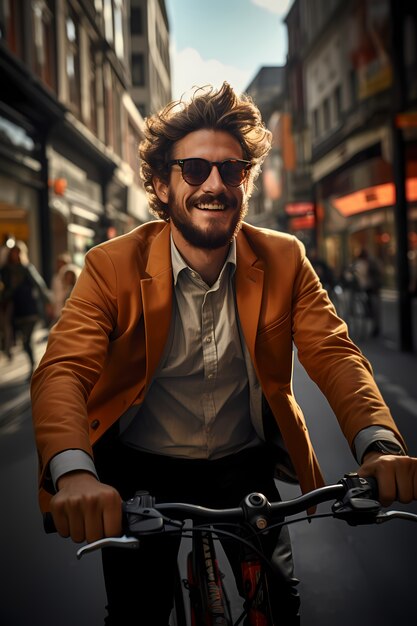 Front view man riding bike outdoors