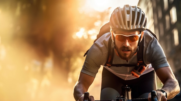 Free photo front view man riding bike outdoors