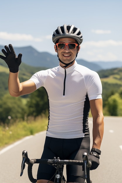 Free photo front view man riding bike outdoors