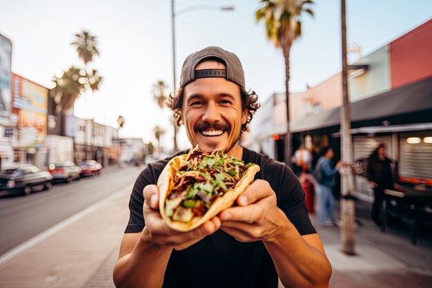 Front view man with delicious taco