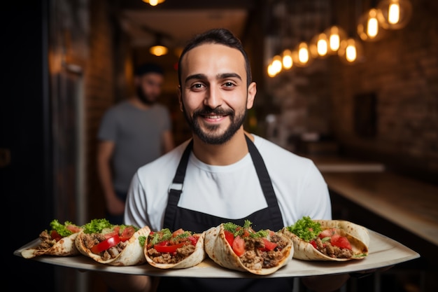 Front view man with delicious taco