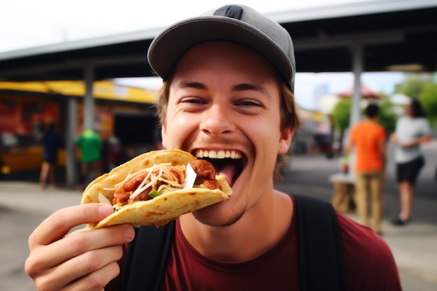 Free Photo front view man with delicious taco