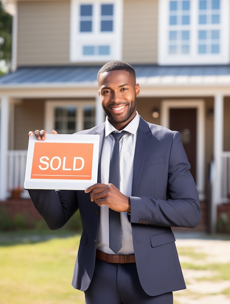 Front view man working as a real estate agent