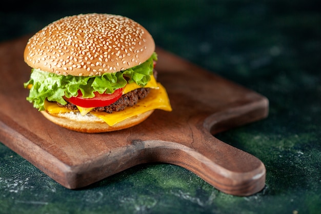 front view meat hamburger on dark background