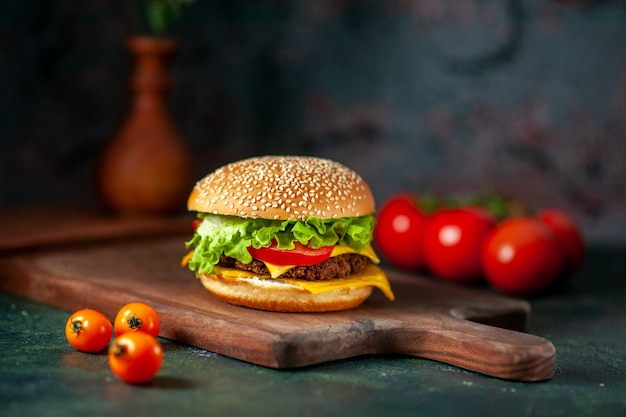 front view meat hamburger with fresh tomatoes on dark background