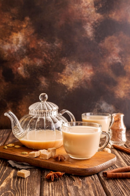 Free photo front view of milk tea concept with copy space