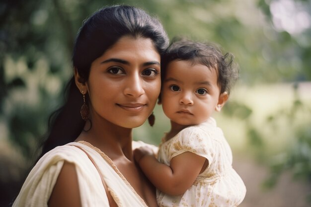 Front view mother holding cute baby