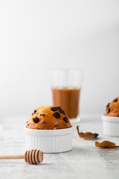 Front view muffin with chocolate and honey