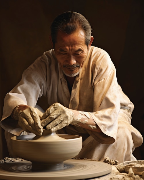 Front view old man doing pottery