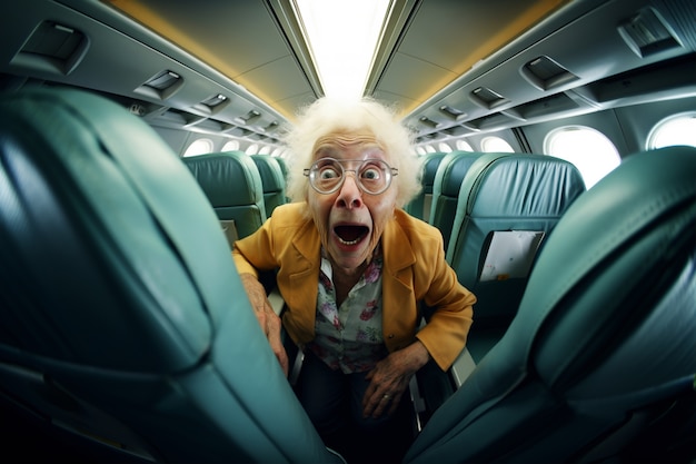 Free photo front view old woman experiencing anxiety on the plane