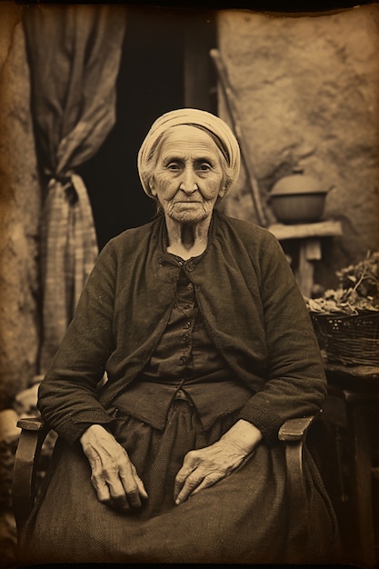 Free photo front view old woman posing vintage portrait