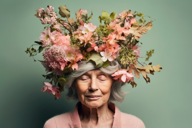 Front view old woman posing with beautiful flowers