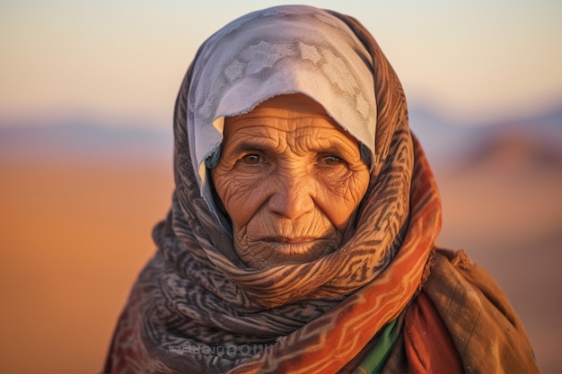 Front view old woman with strong ethnic features