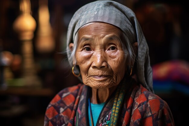 Front view old woman with strong ethnic features