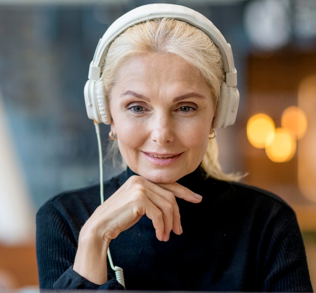 Free Photo front view of older business woman on a conference call with headphones