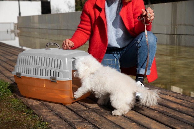 Front view owner with pet carrier