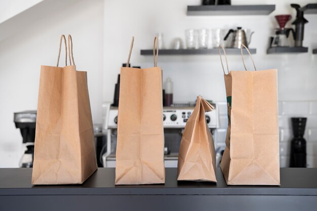 Front view of packed food prepared for takeaway