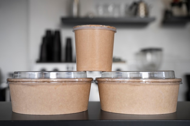 Front view of packed food prepared for takeaway