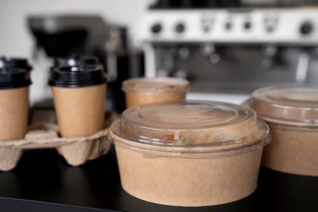 Front view of packed food prepared for takeaway