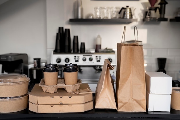 Front view of packed food prepared for takeaway