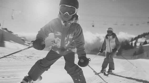 Front view people skiing monochrome