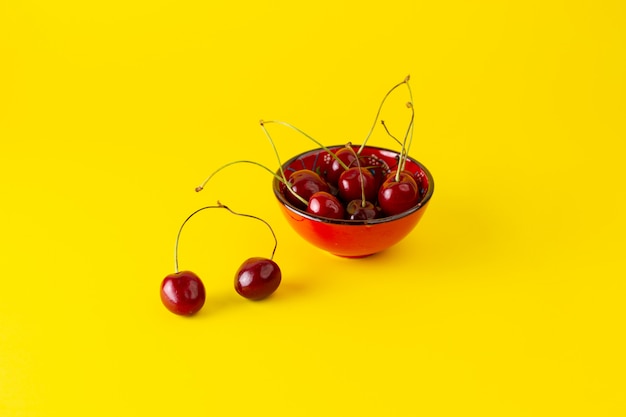 Front view plate with cherries on yellow