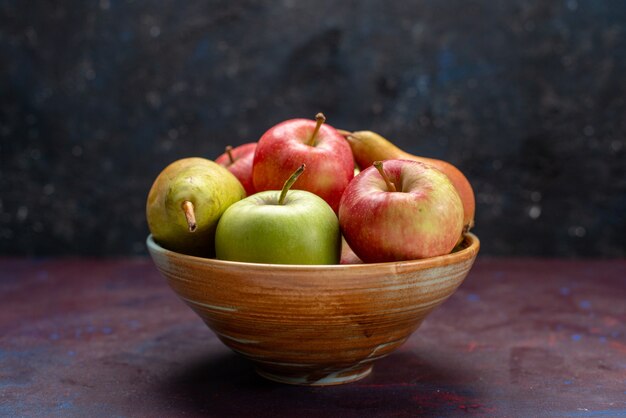 Front view plate with fruits pears and apples on dark desk fruit ripe fresh mellow vitamine