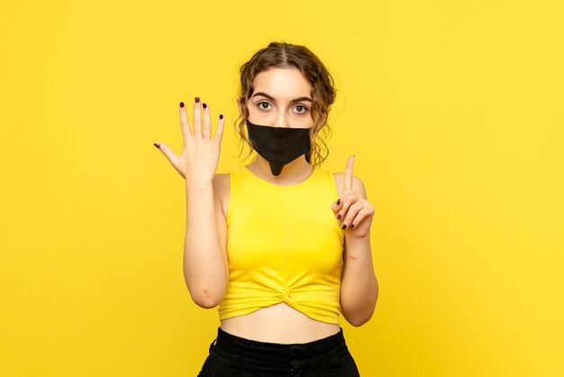 Front view of pretty female in black mask on yellow