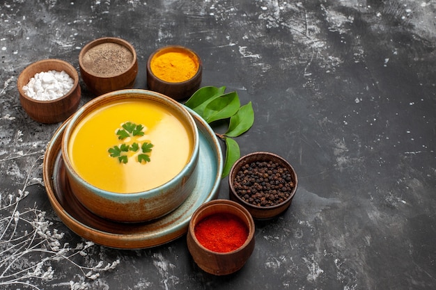 Front view pumpkin soup with seasonings on a dark table