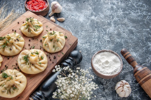 Free photo front view raw little dumplings on light gray background meat dough meal cake cooking dish cuisine dinner