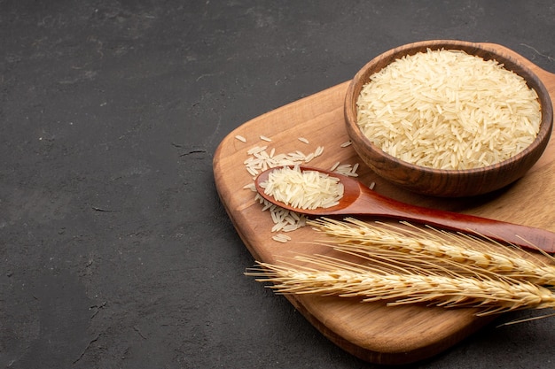 Front view raw rice inside plate on a grey space