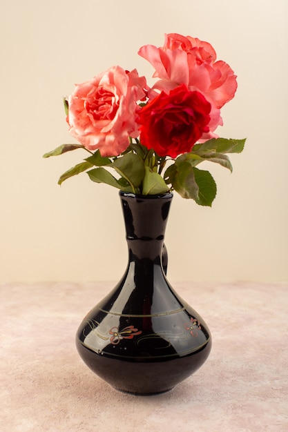 A front view red roses beautiful pink and red flowers inside black jug isolated on table and pink