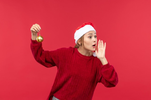 Front view regular female calling someone, red christmas holiday