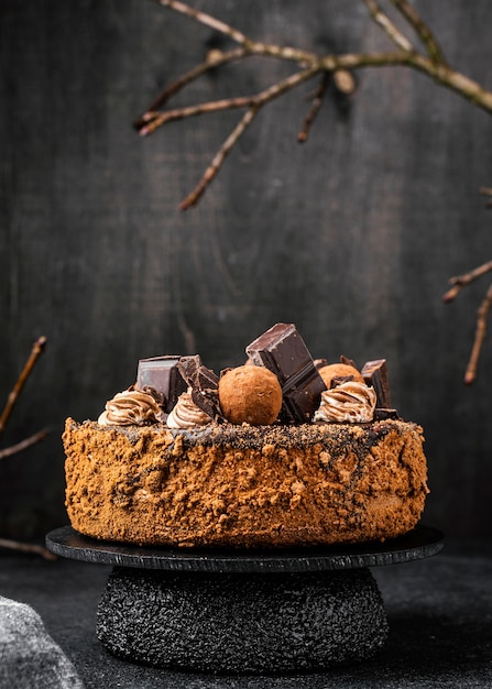 Front view of round chocolate cake on stand