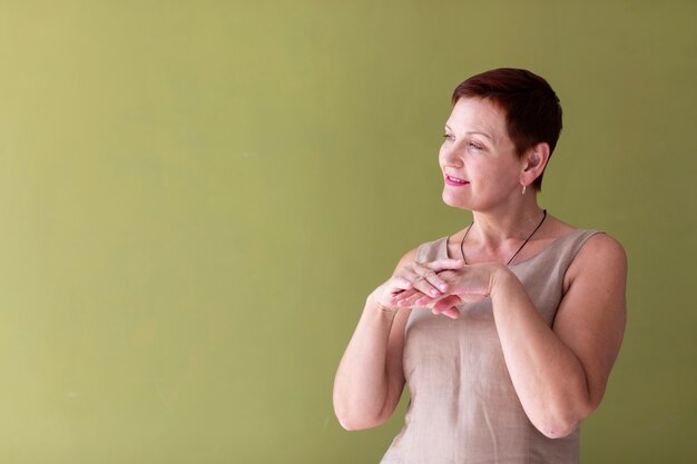 Front view senior lady with short hair