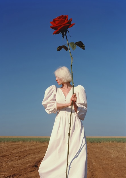 Front view senior woman posing with rose