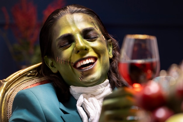 Free photo front view smiley frankenstein holding wine glass