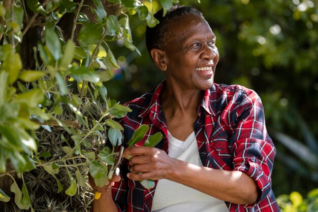 Front view smiley senior black woman