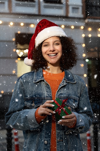 Front view smiley woman holding gift