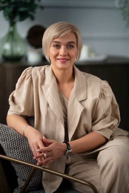 Front view smiley woman posing indoors