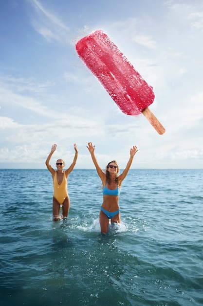 Front view smiley women with giant ice cream