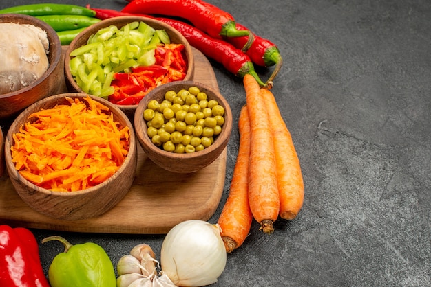 Front view spicy peppers with beans and chicken on dark table color salad ripe fresh