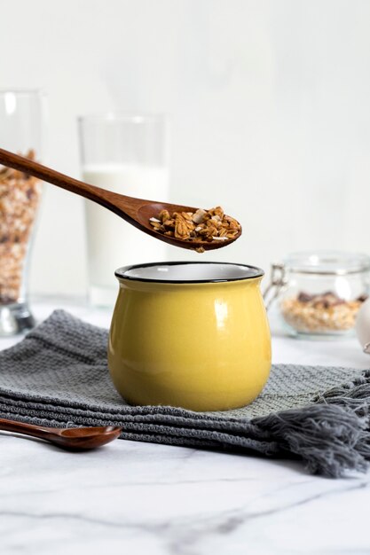 Front view spoon with homemade granola